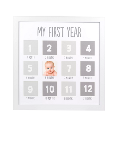 Wooden First Year Baby Picture Frame with 12 Photo Spaces