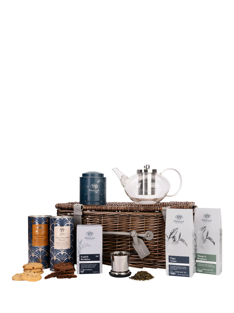 Whittard wicker hamper with tea selection, teapot, infuser, caddy, and biscuits (British brand)