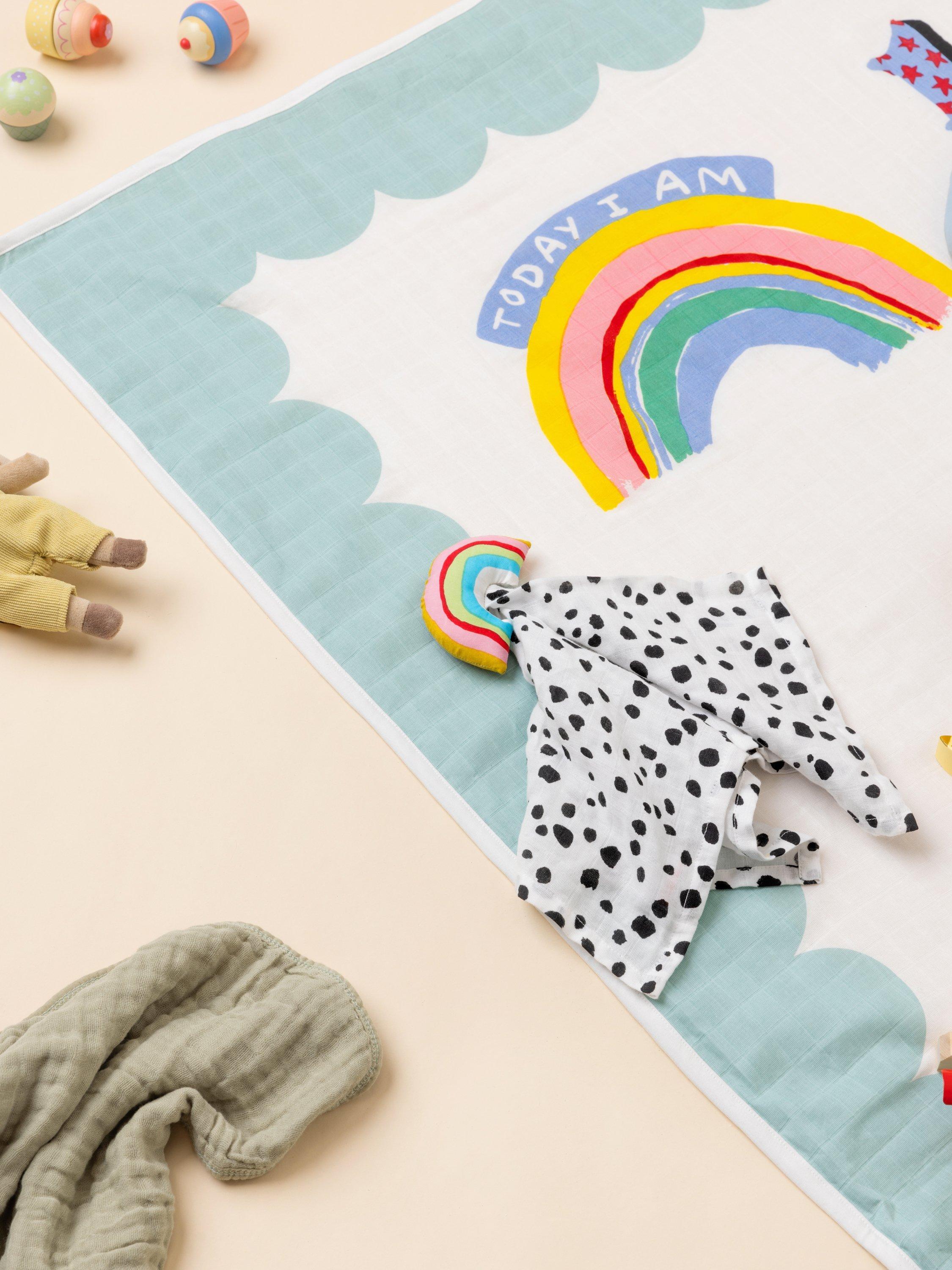 Eleanor Bowmer muslin comforter rainbow toy attachment, UK version