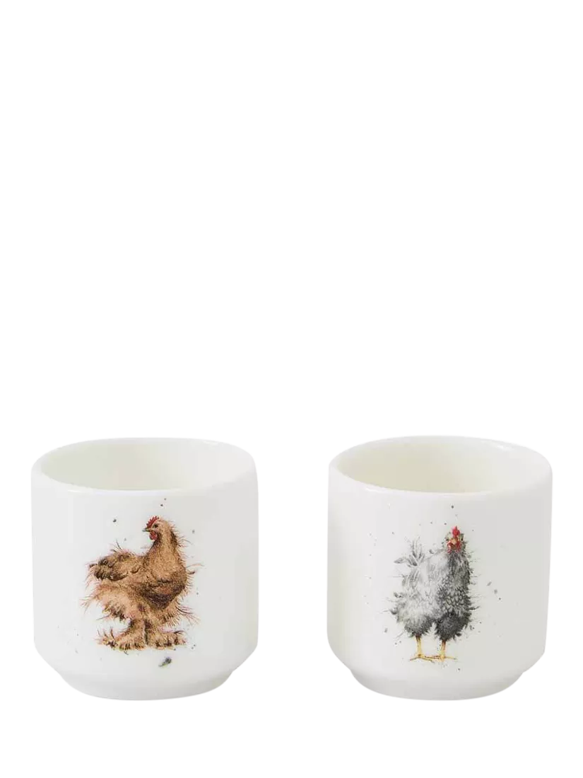 Wrendale Designs fine bone china egg cups set of 2 white multi feathery chicken designs (British brand)