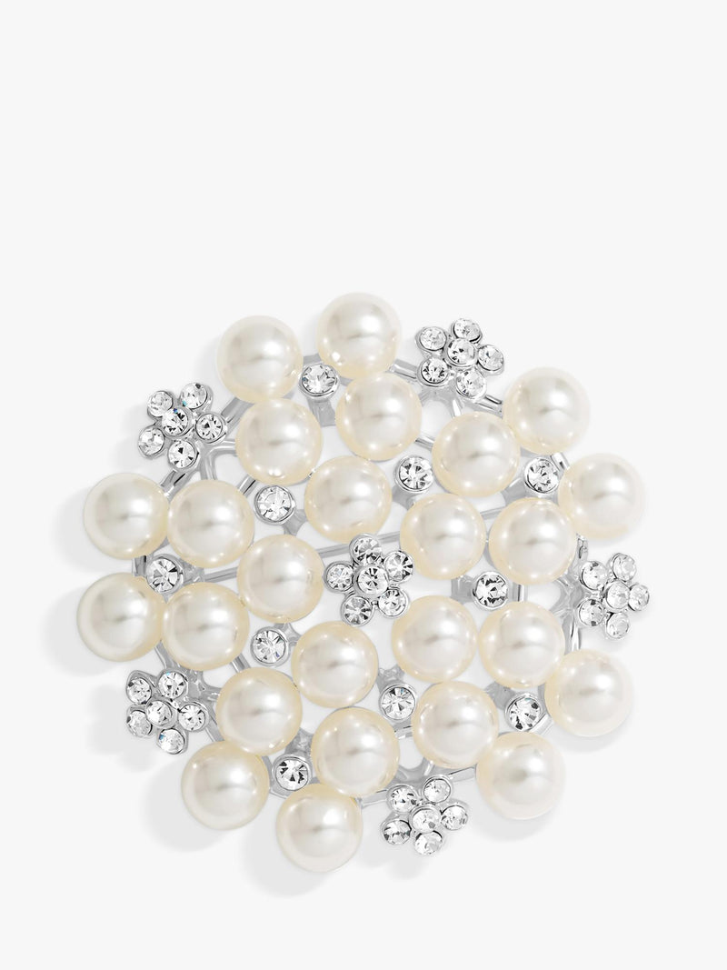 Pearl and Crystal Cluster Statement Brooch in Silver