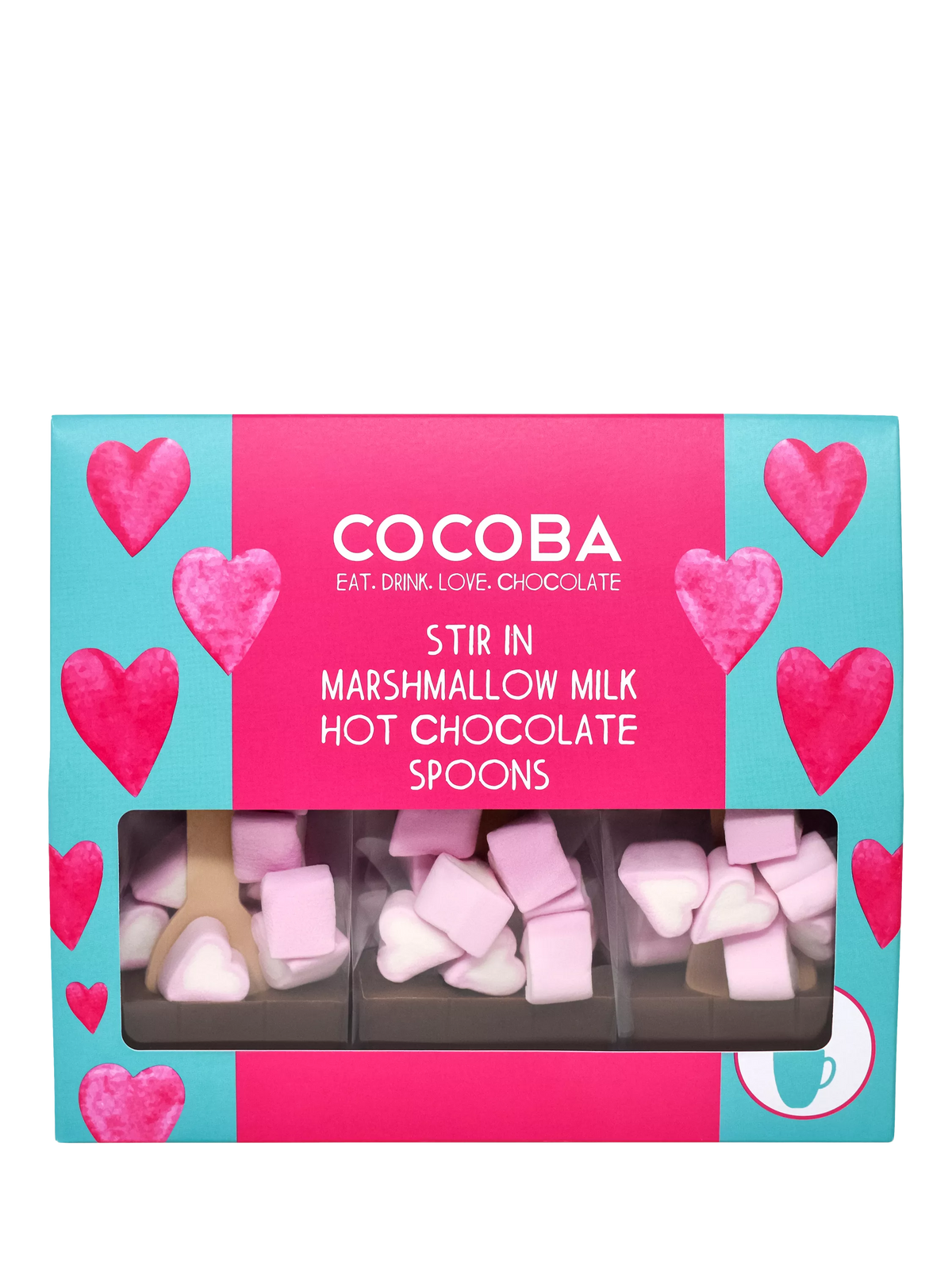 Cocoba milk hot chocolate spoons with heart-shaped marshmallows, 50g - British product
