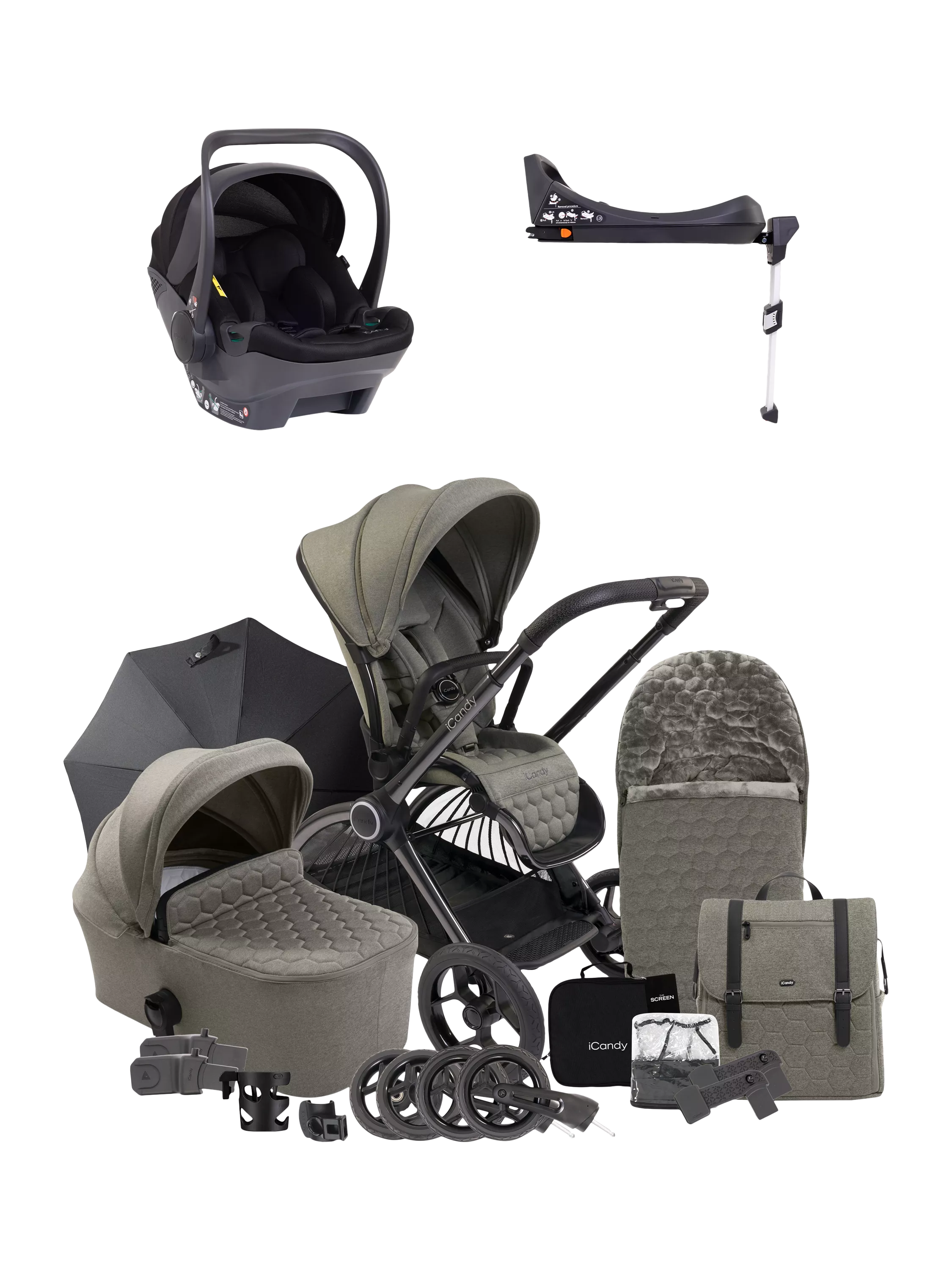 iCandy Core Pushchair, Carrycot and Accessories with iCandy Cocoon Car Seat and i-Size Base Travel System Bundle, Light Moss - McGrocer