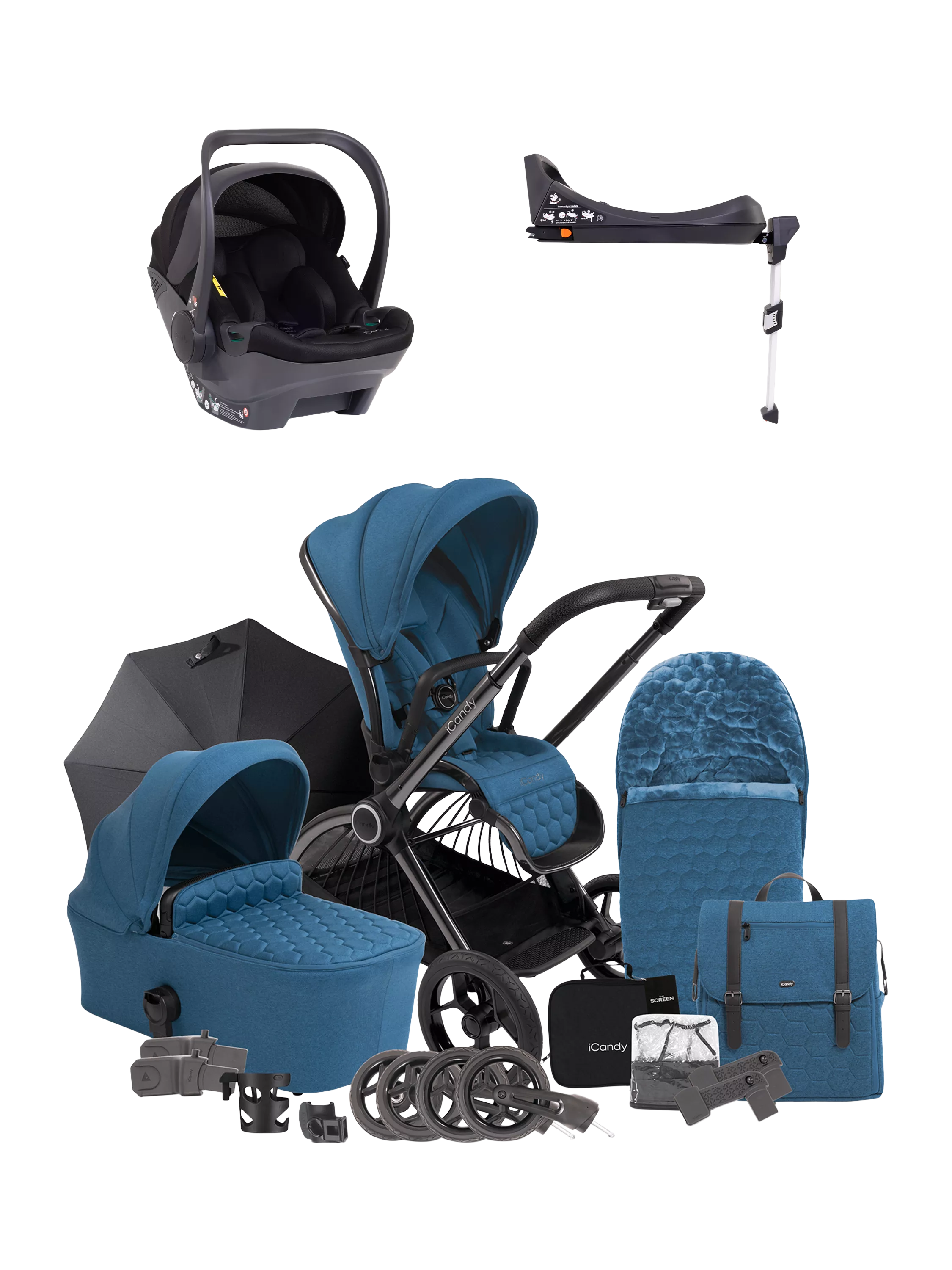 iCandy travel system bundle with pushchair and car seat in Atlantis Blue, UK version
