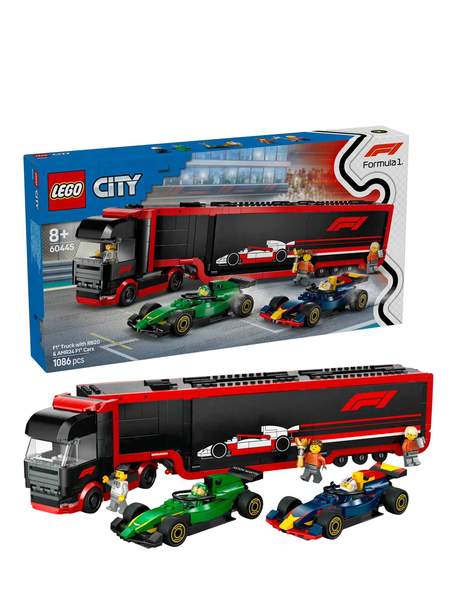 Lego F1 Truck with RB20 and AMR24 F1 Cars playset, UK version