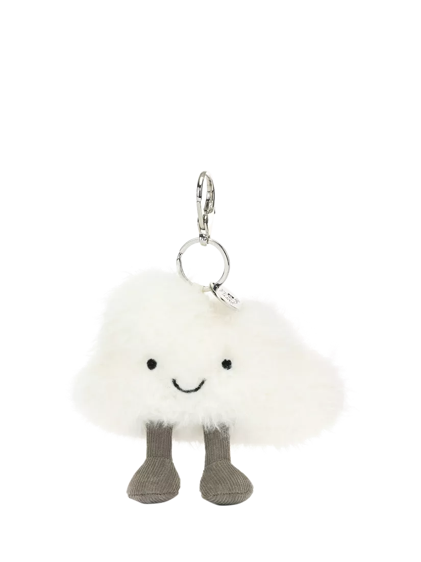 Jellycat cloud bag charm with stitched smile and silver clip, UK version