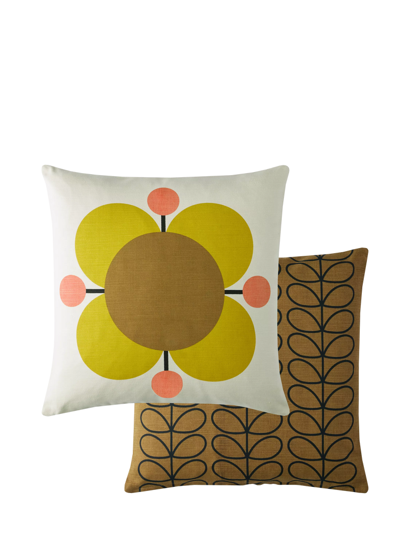 Orla Kiely Atomic Flower cushion in Primrose, imported from the UK