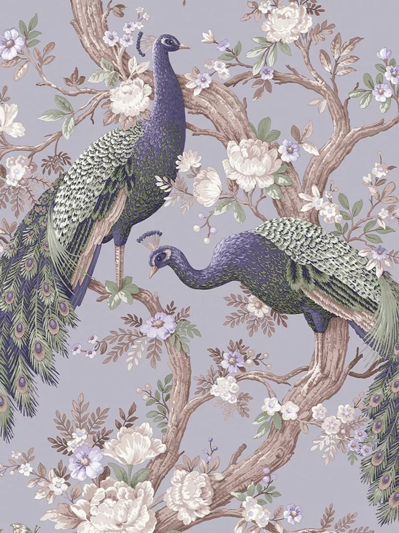 Laura Ashley ornate floral and peacock wallpaper in Iris, UK version