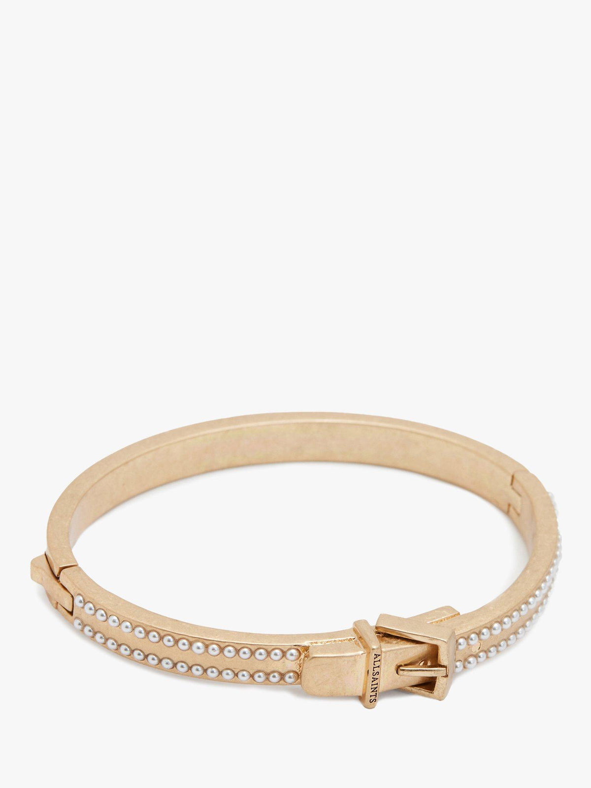 Hinged Bangle Bracelet with Mini Pearls and Buckle Hardware, Gold Finish