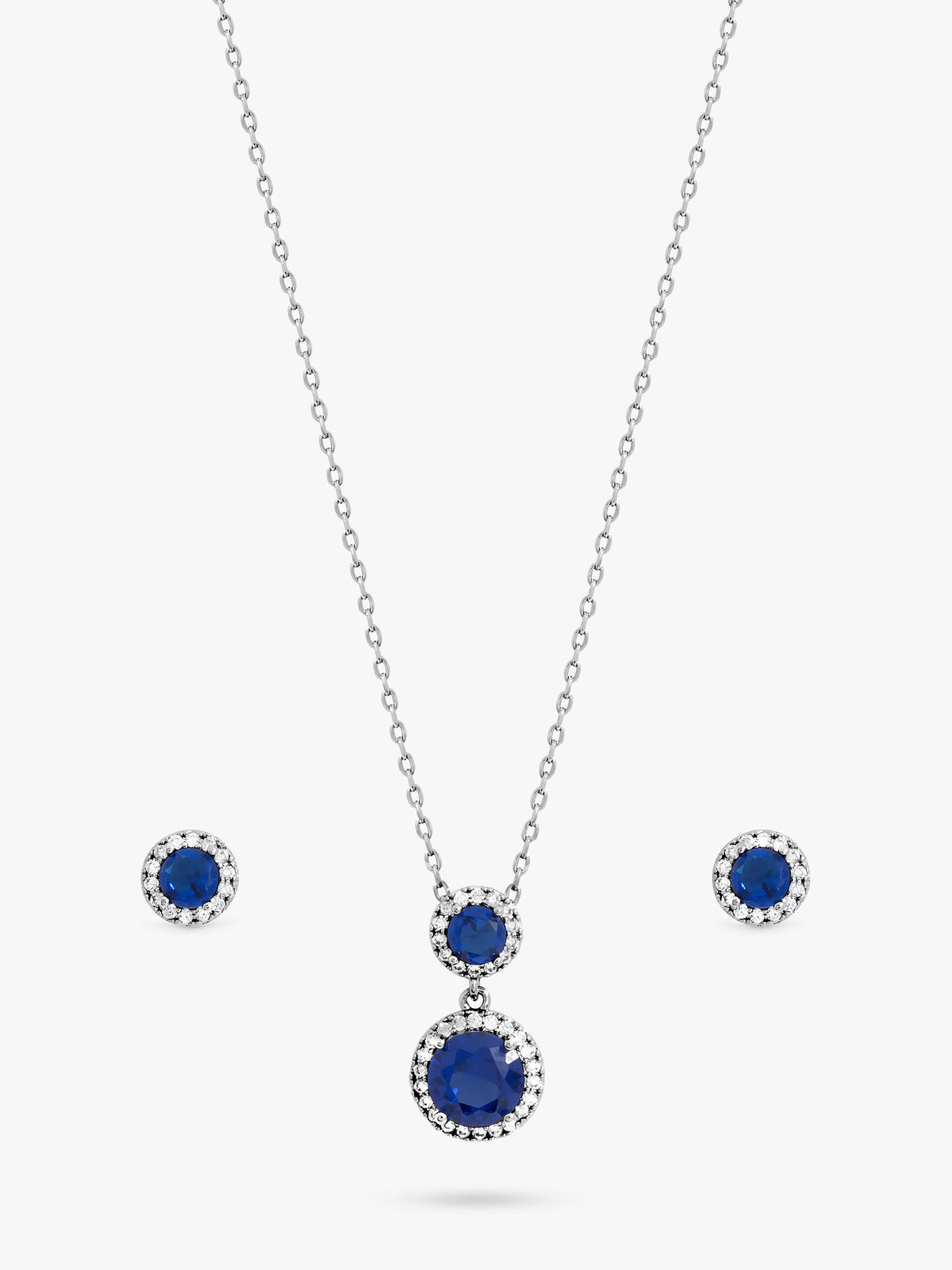 Rhodium-Plated Double Halo Sapphire Drop Earrings Set with Cubic Zirconia