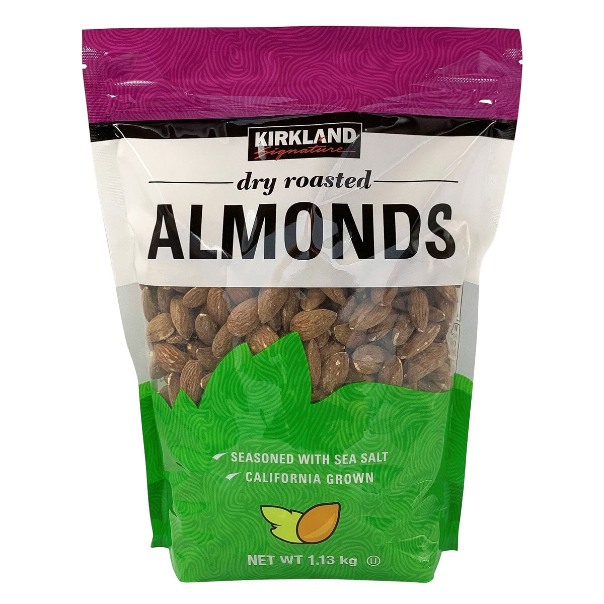 Kirkland Signature dry roasted almonds with sea salt in a 1.13kg pack, UK version
