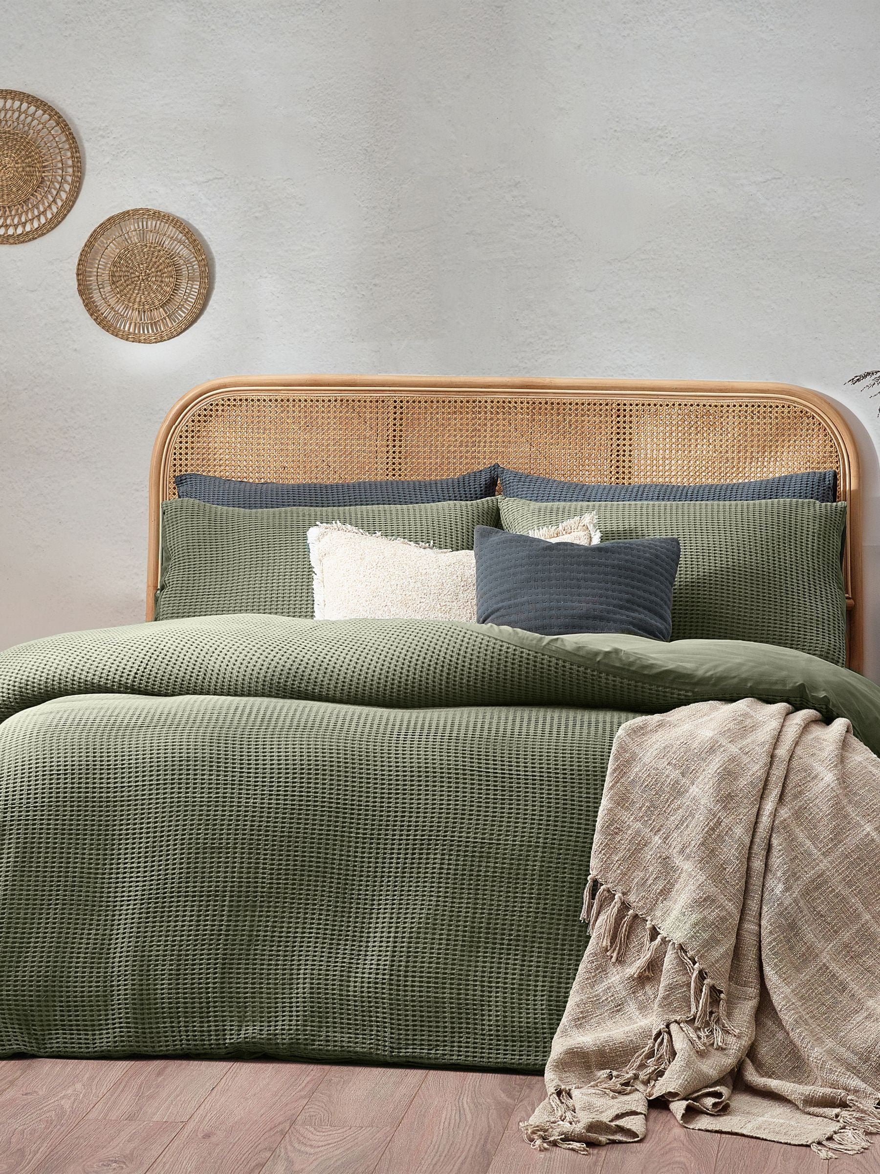 Chunky Waffle Duvet Cover Set in Eucalyptus Green (British brand)
