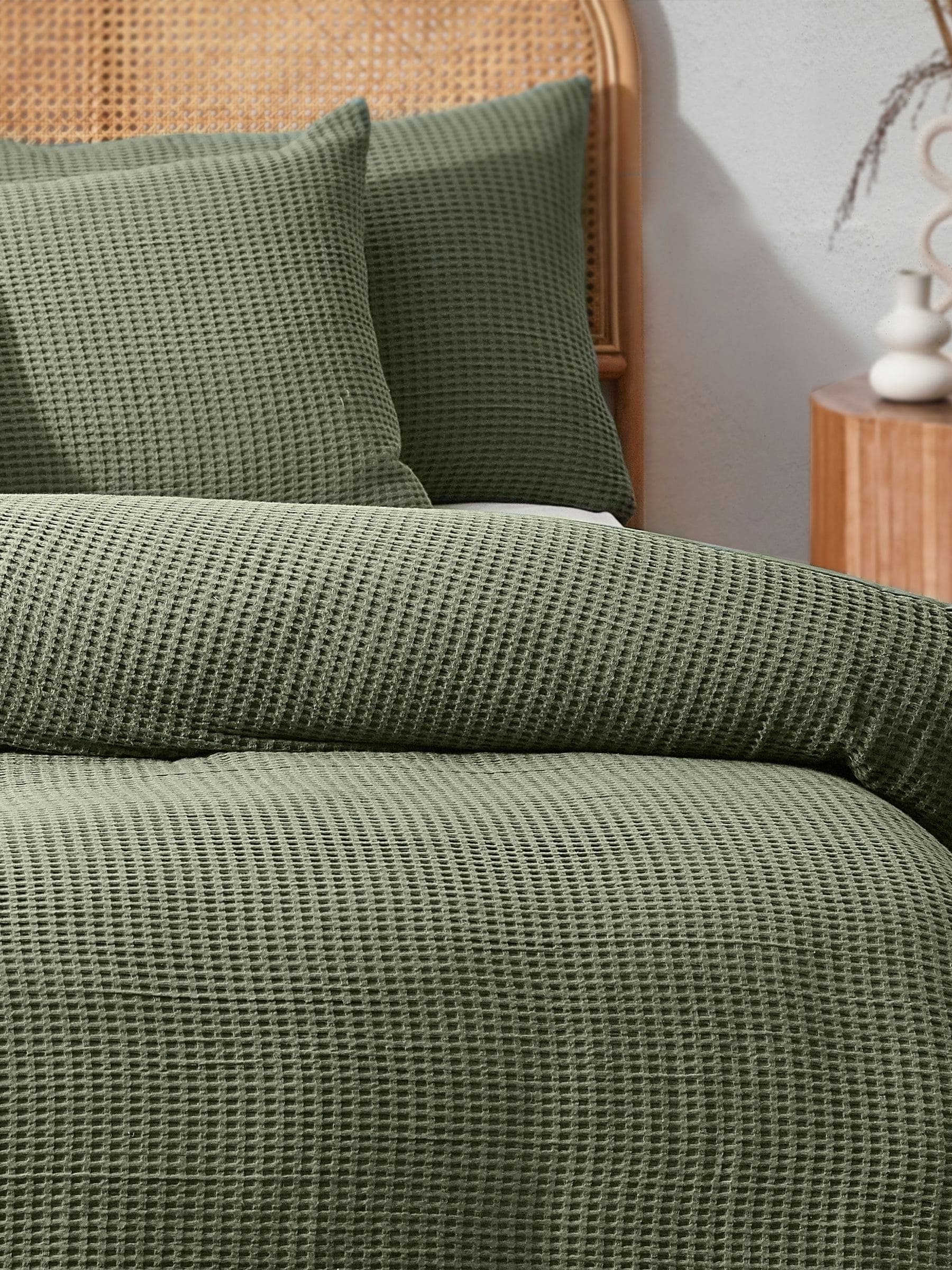 Chunky Waffle Duvet Cover Set in Eucalyptus Green (British brand)