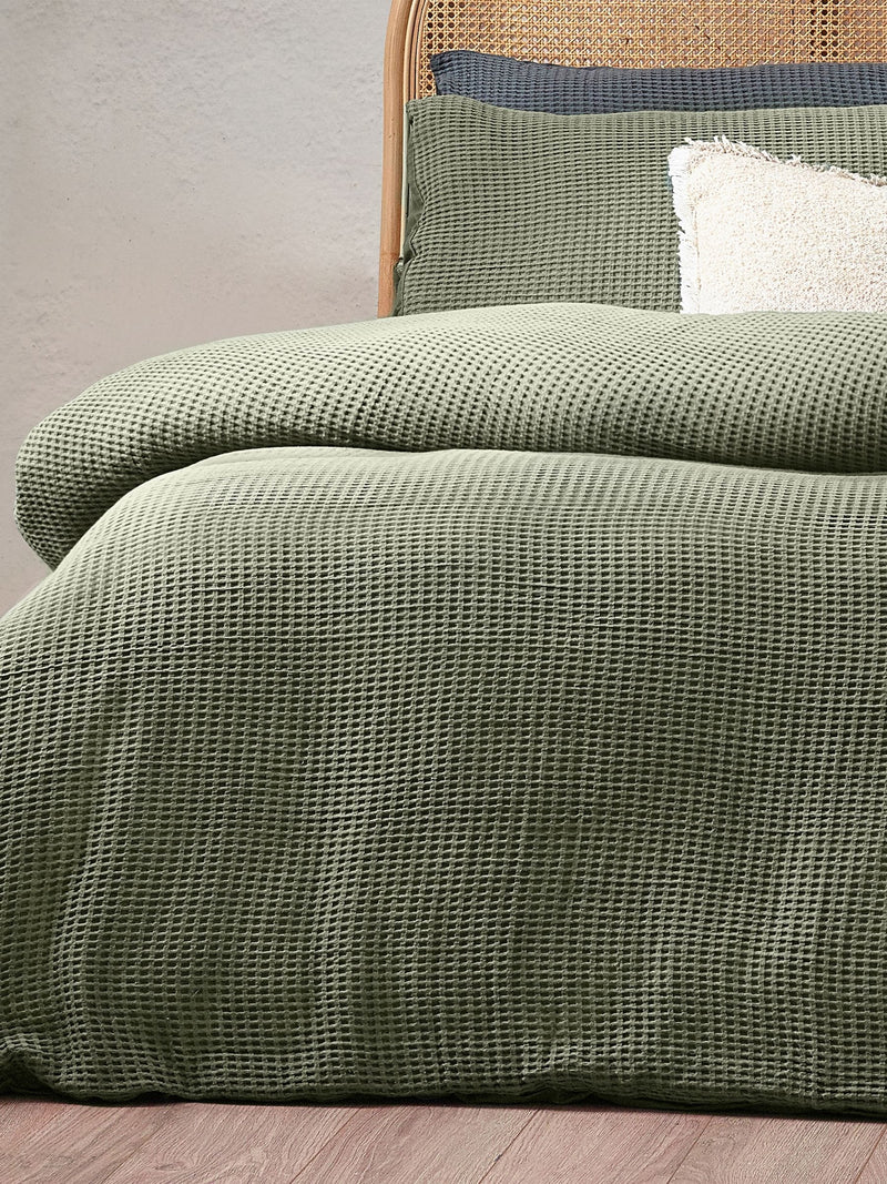 Chunky Waffle Duvet Cover Set in Eucalyptus Green (British brand)
