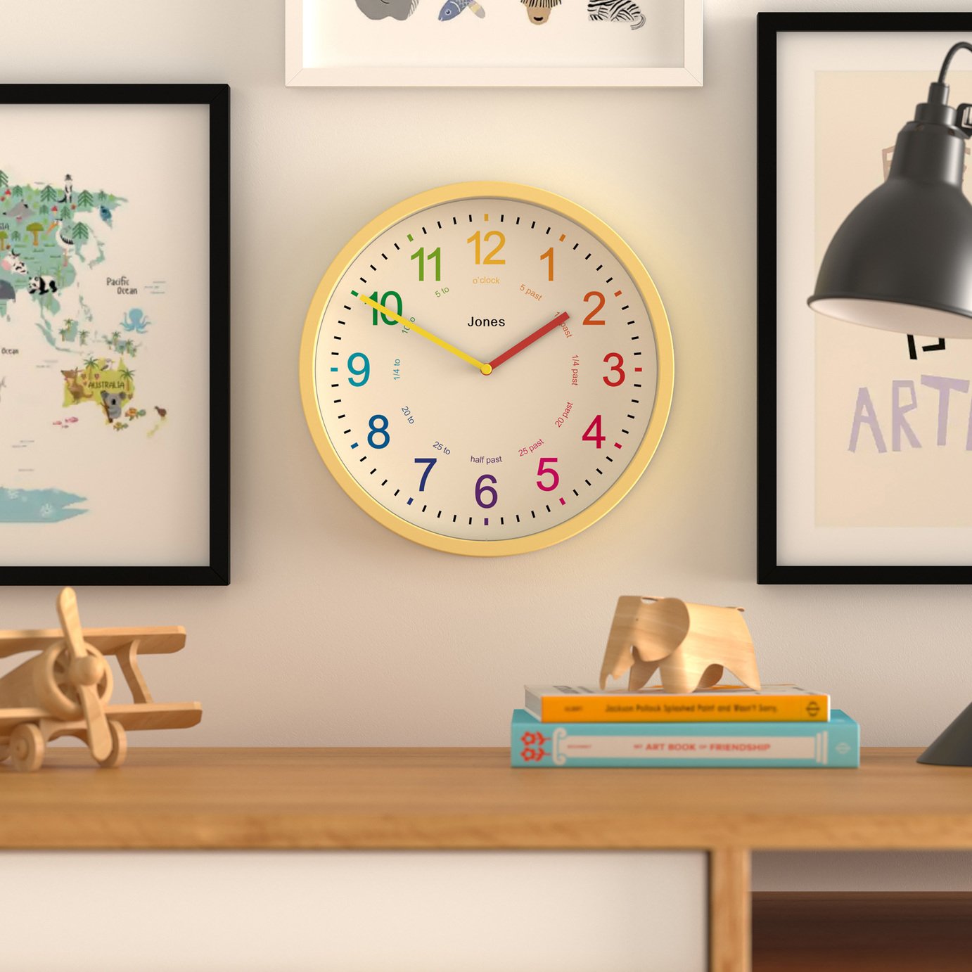 Jones Clocks kids analogue wall clock yellow 25cm diameter, UK version