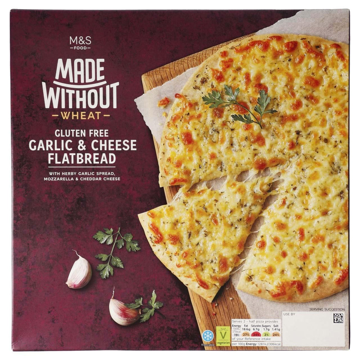 M&S gluten-free flatbread with garlic butter and cheeses, imported from the UK