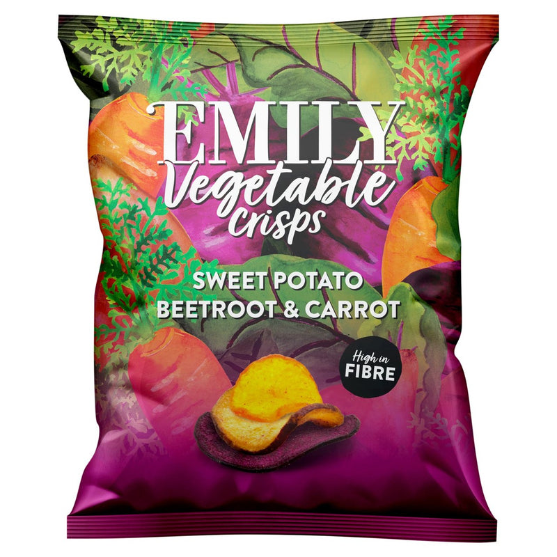 Emily Veg Crisps vegetable crisps with sweet potato, carrot, and beetroot, sharing bag - British product
