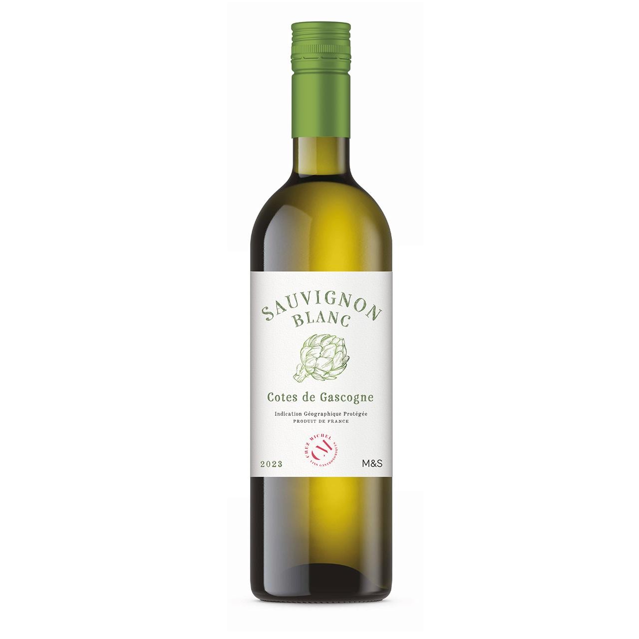 M&S Chez Michel Gascogne Sauvignon Blanc white wine bottle, imported from the UK
