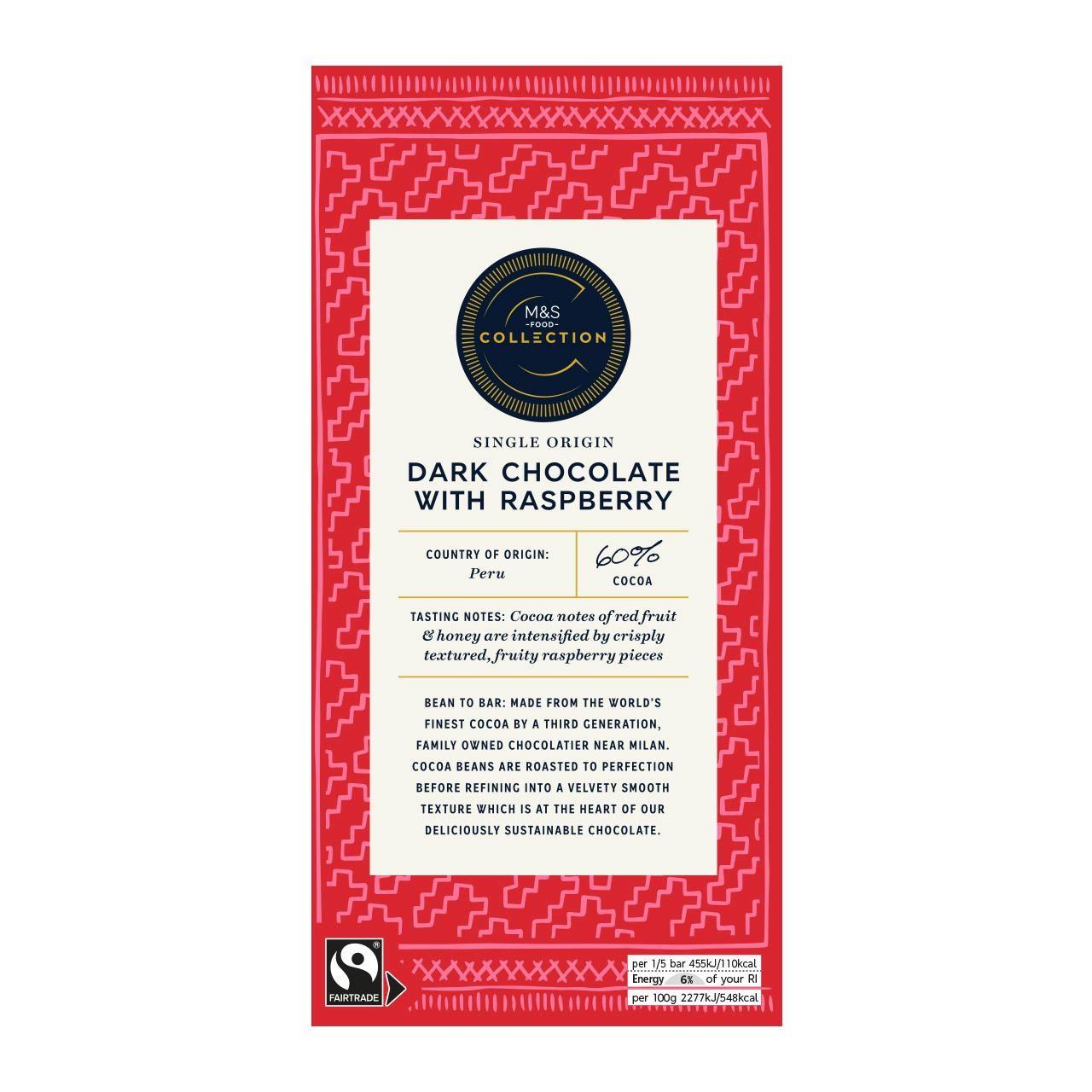 M&S dark chocolate bar with raspberry pieces 100g, imported from the UK