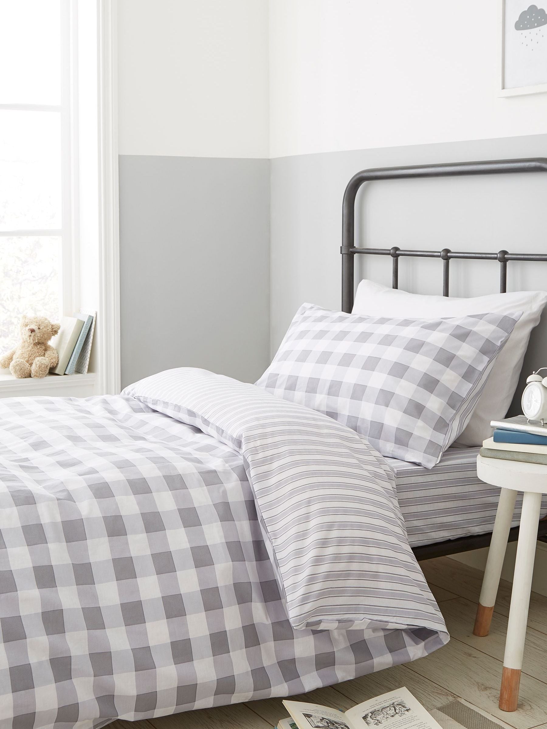 Bianca Grey Gingham 100% Cotton Duvet Cover and Pillowcase Set