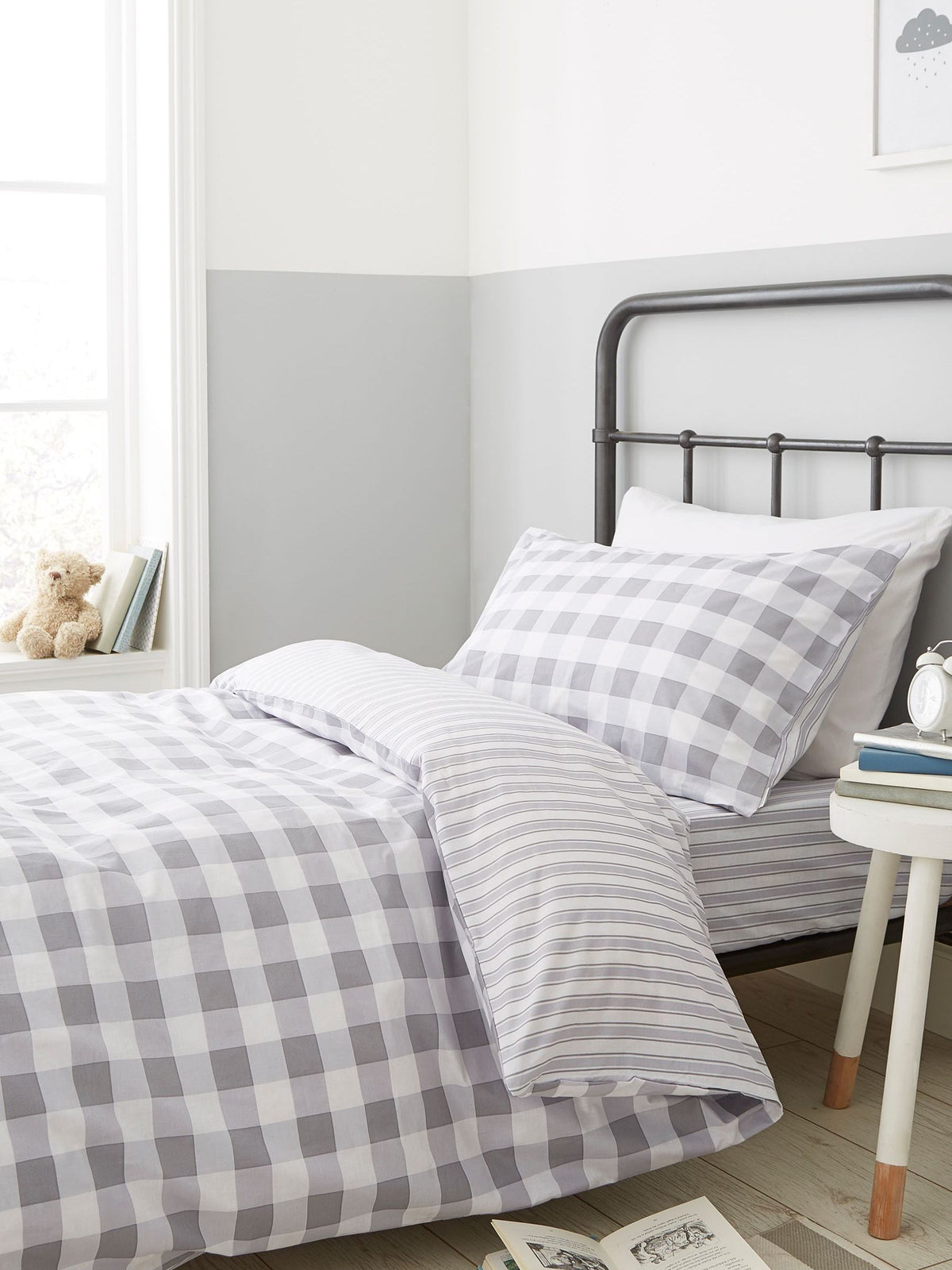 Bianca Grey Gingham 100% Cotton Duvet Cover and Pillowcase Set