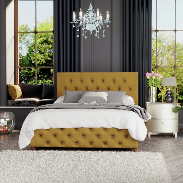 LLB Luna Velvet Small Double Ottoman Bedframe in Ochre, UK version