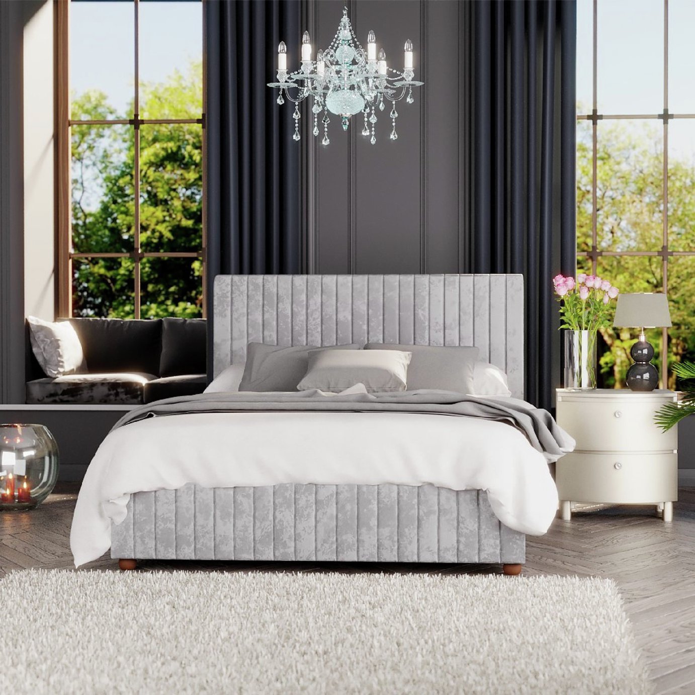 LLB Estella Velvet Superking Ottoman Bedframe in Silver, UK version