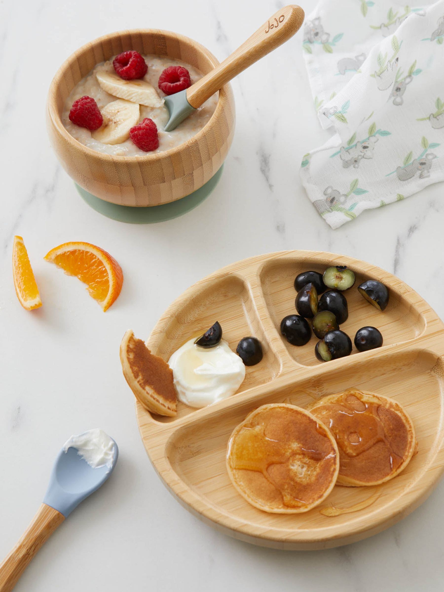 JoJo Maman Bébé bamboo suction bowl and spoon set, UK version