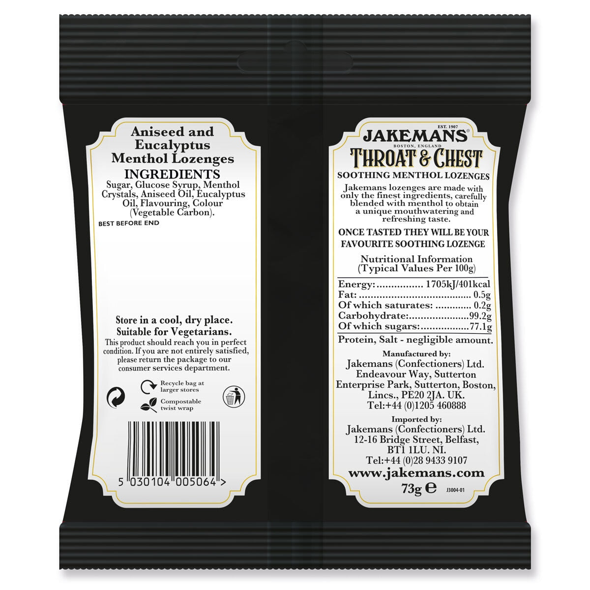 Jakemans Throat & Chest Lozenges Menthol 12 x 73g, UK version