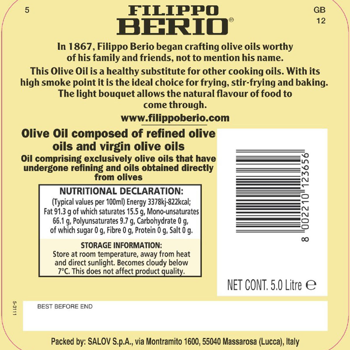 Filippo Berio mild and light olive oil 5L - British product