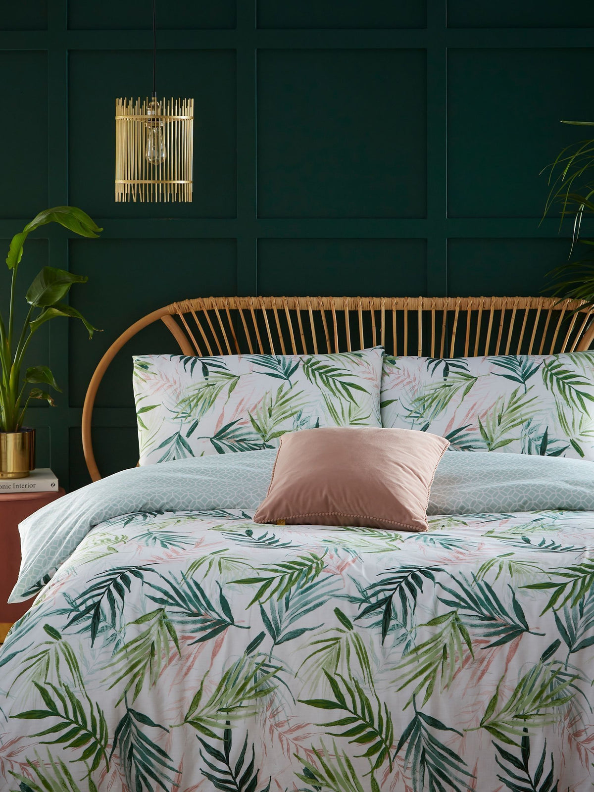 Furn Green Bali Palm reversible duvet cover and pillowcase set - British product