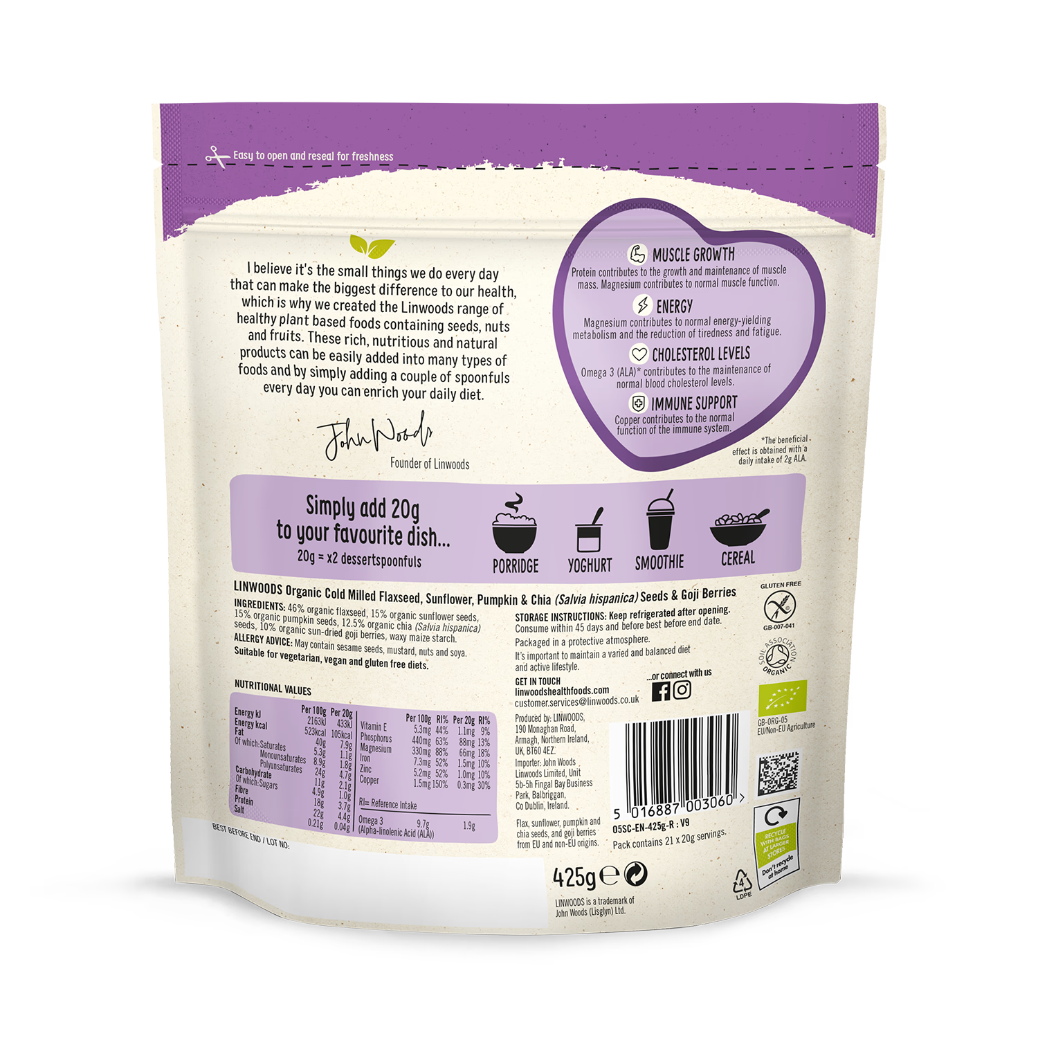 Linwoods Milled Seeds Mix With Goji Berries 425g, UK version