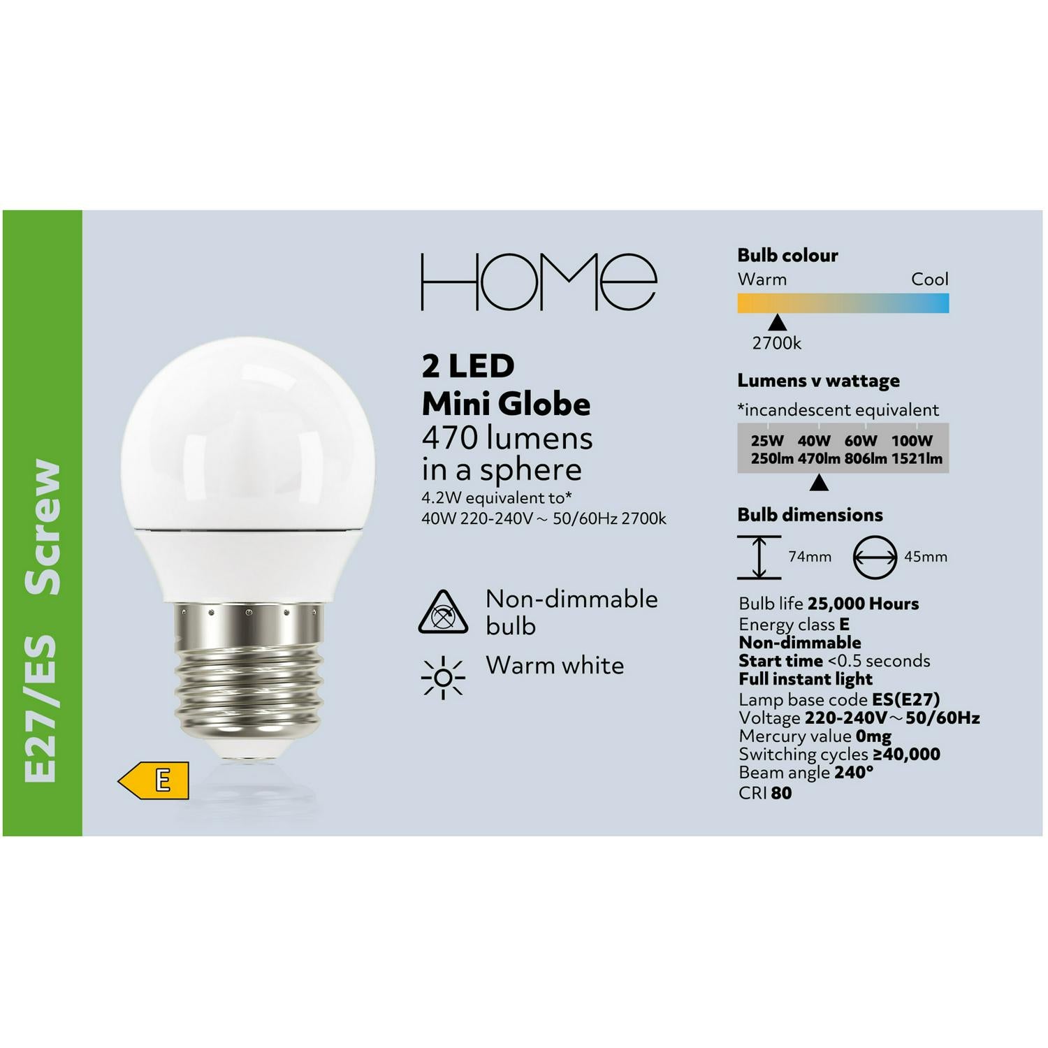 Sainsbury's Home LED mini globe light bulbs 40W ES pack of 2 (British brand)