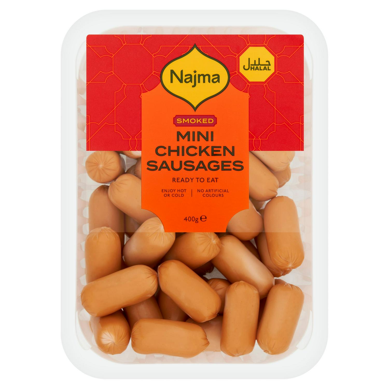 Najma Mini Chicken Sausages Smoked 400g, imported from the UK