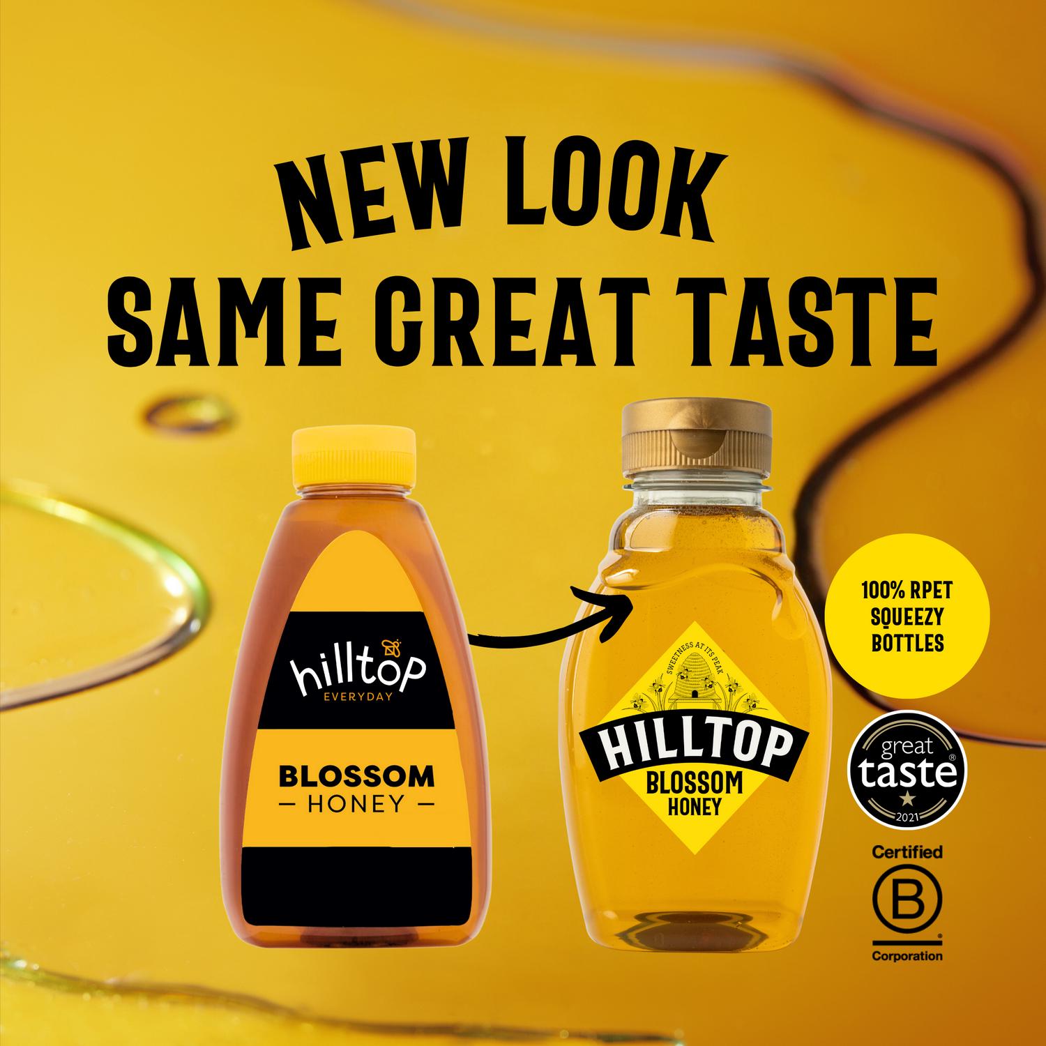 Hilltop Blossom Honey 340g Jar Packaging, UK version