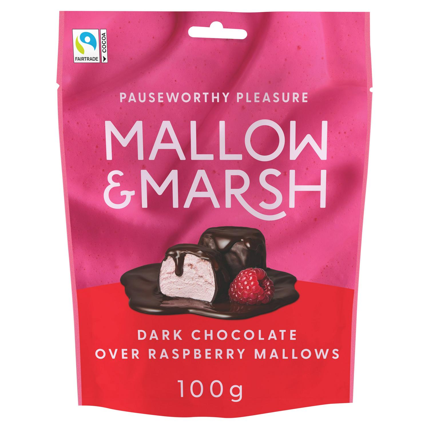 Mallow & Marsh raspberry marshmallow dark chocolate coated 100g, imported from the UK