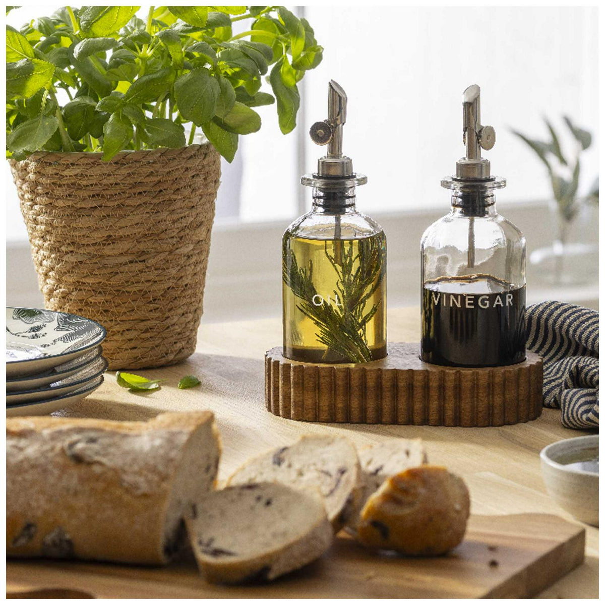 Habitat glass oil pourers set with acacia wood stand, 0.5L, UK version