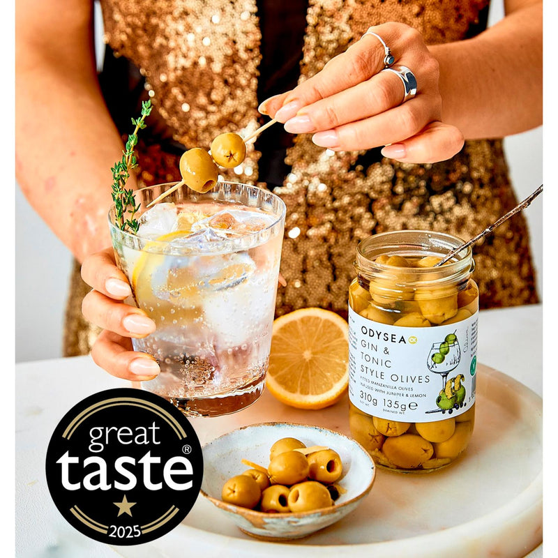 Odysea Gin Tonic Style Green Olives Pitted 310g, imported from the UK