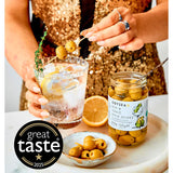 Odysea Gin Tonic Style Green Olives Pitted 310g, imported from the UK