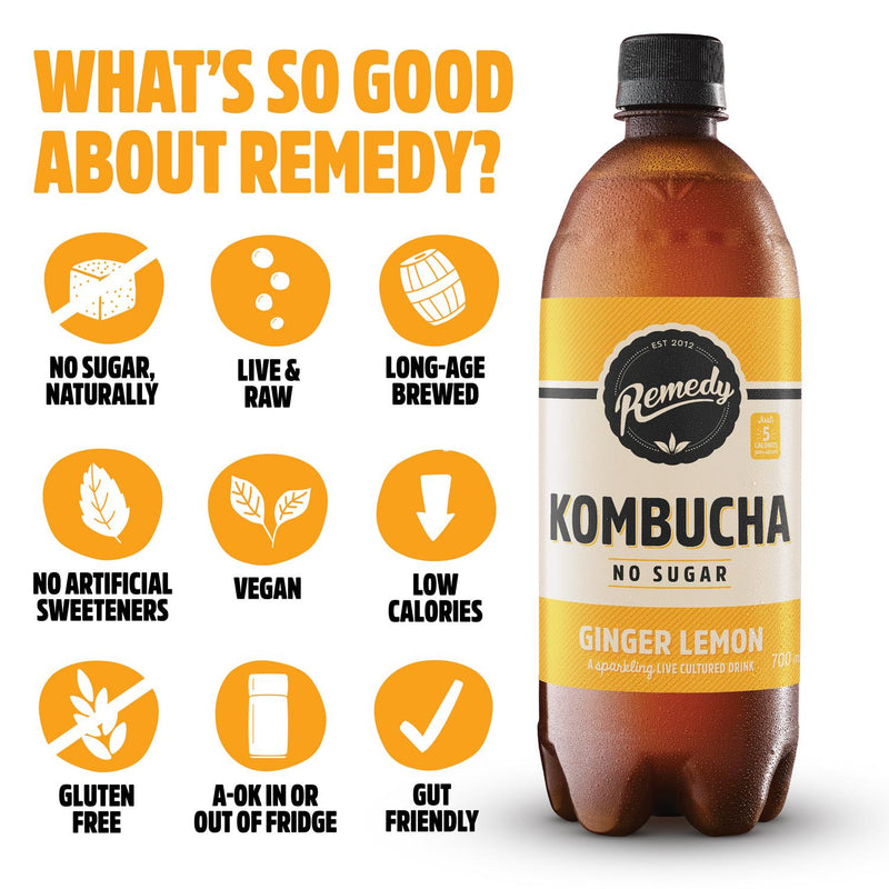 Remedy Kombucha ginger lemon bottle 700ml, imported from the UK
