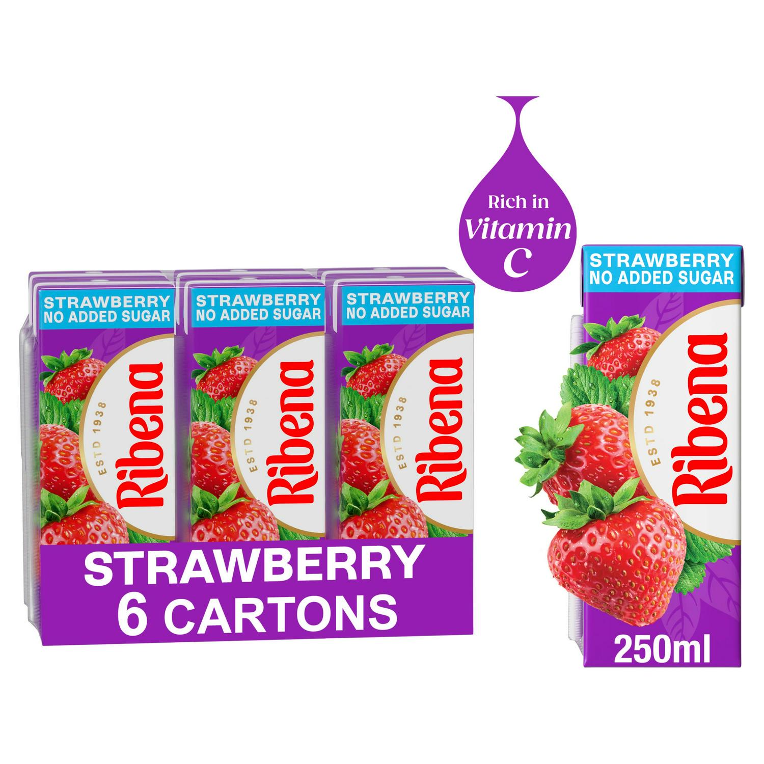Ribena No Added Sugar Strawberry Juice Drink 6 x 250ml, imported from the UK