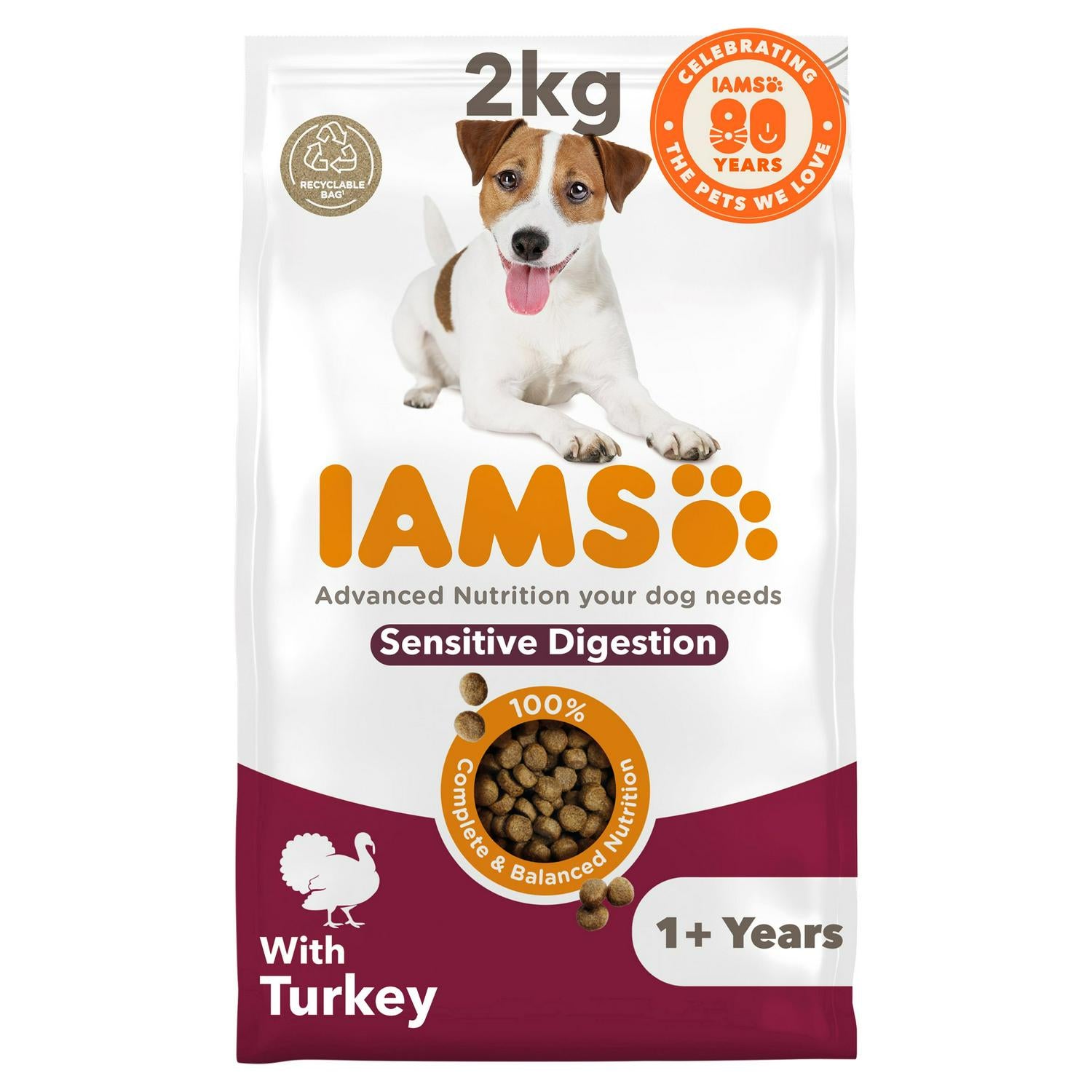 IAMS sensitive digestion dog food with turkey for adult dogs 2kg, UK version