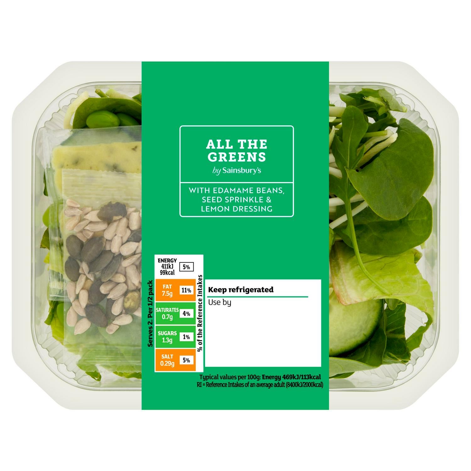 Mixed Green Salad Bowl with Edamame Beans, Seeds and Lemon Dressing 175g