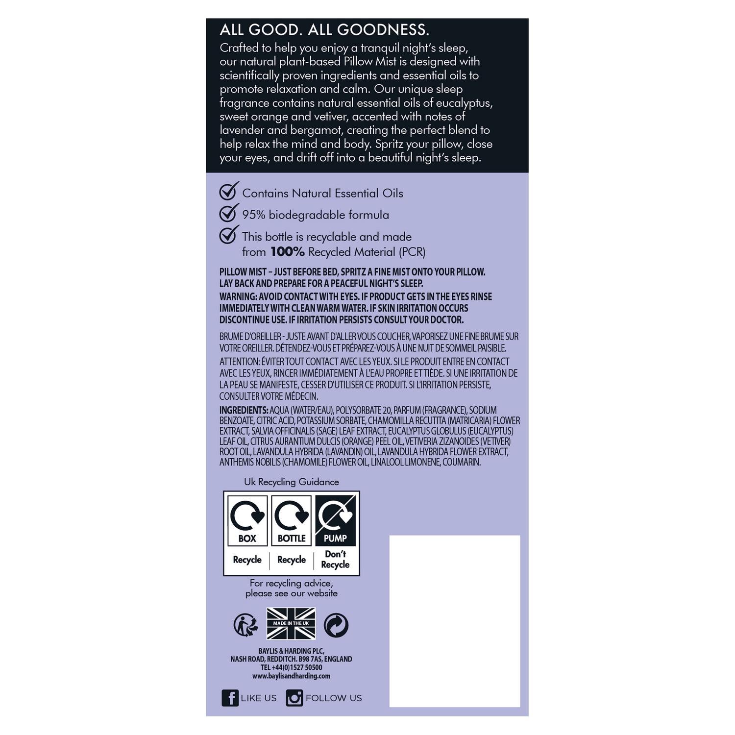 Natural Pillow Mist with Lavender and Bergamot Essential Oils 100ml