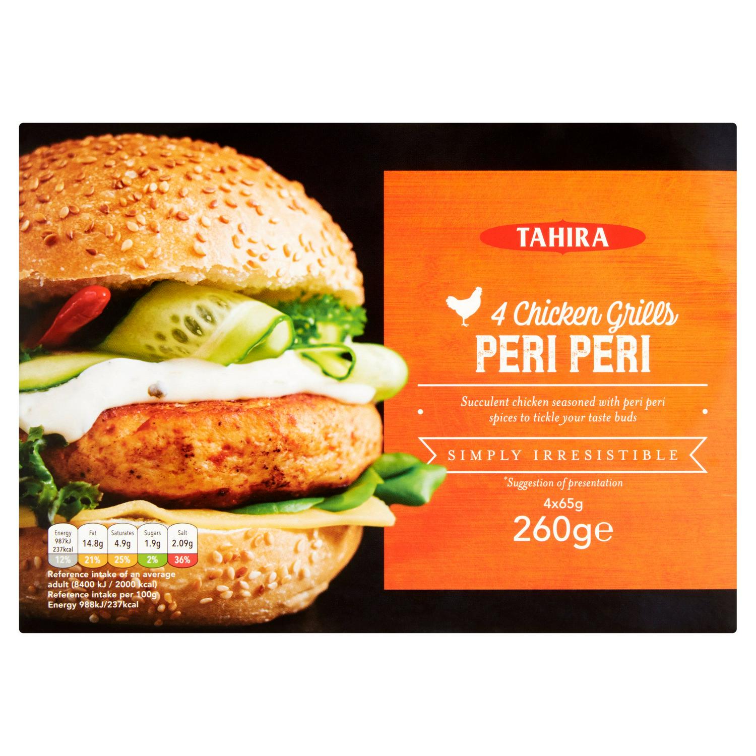 Tahira chicken grills peri peri 4x65g, imported from the UK
