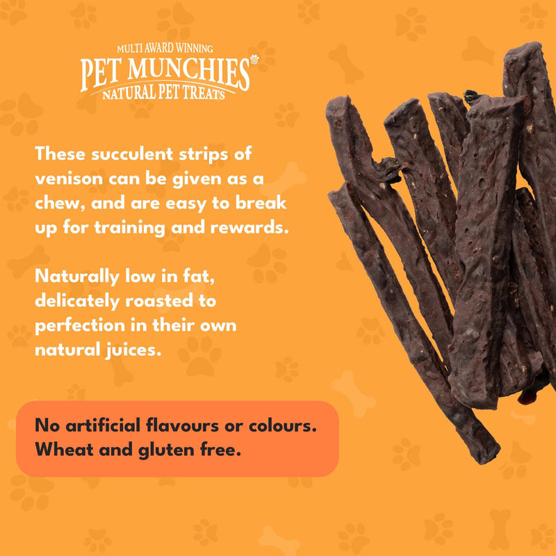 Pet Munchies venison strips 75g, imported from the UK