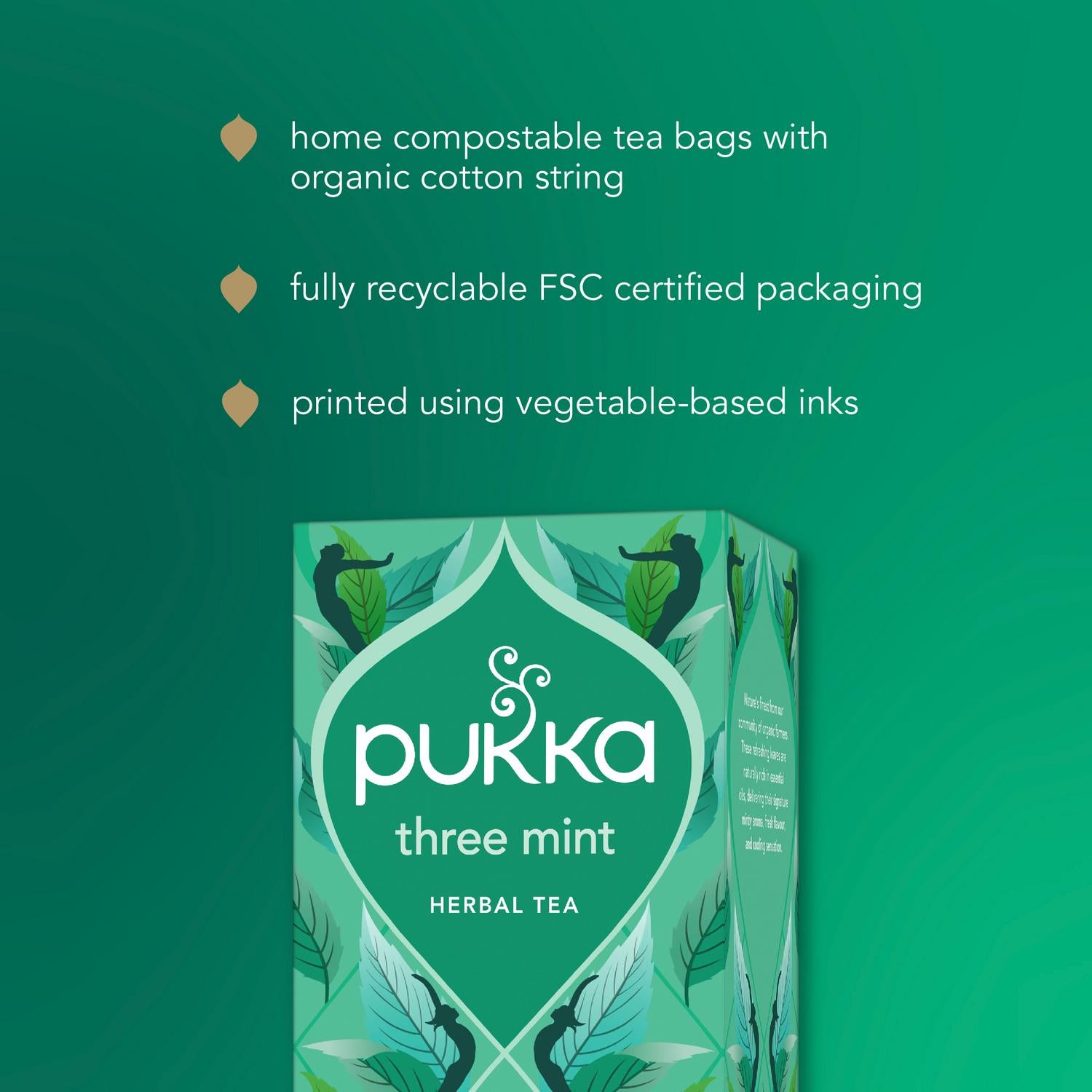 Pukka Three Mint organic herbal tea bags 64g, imported from the UK