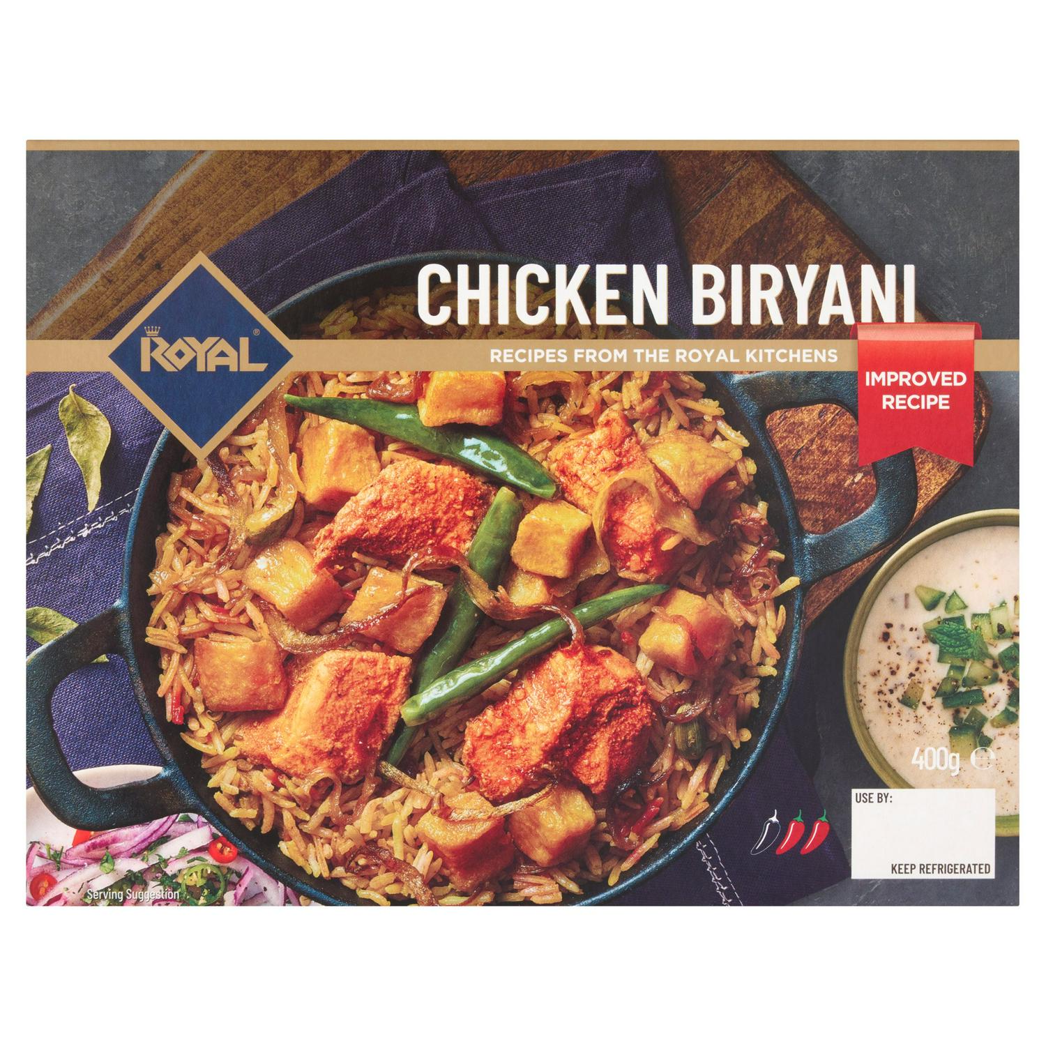 Royal chicken biryani 400g pack, imported from the UK