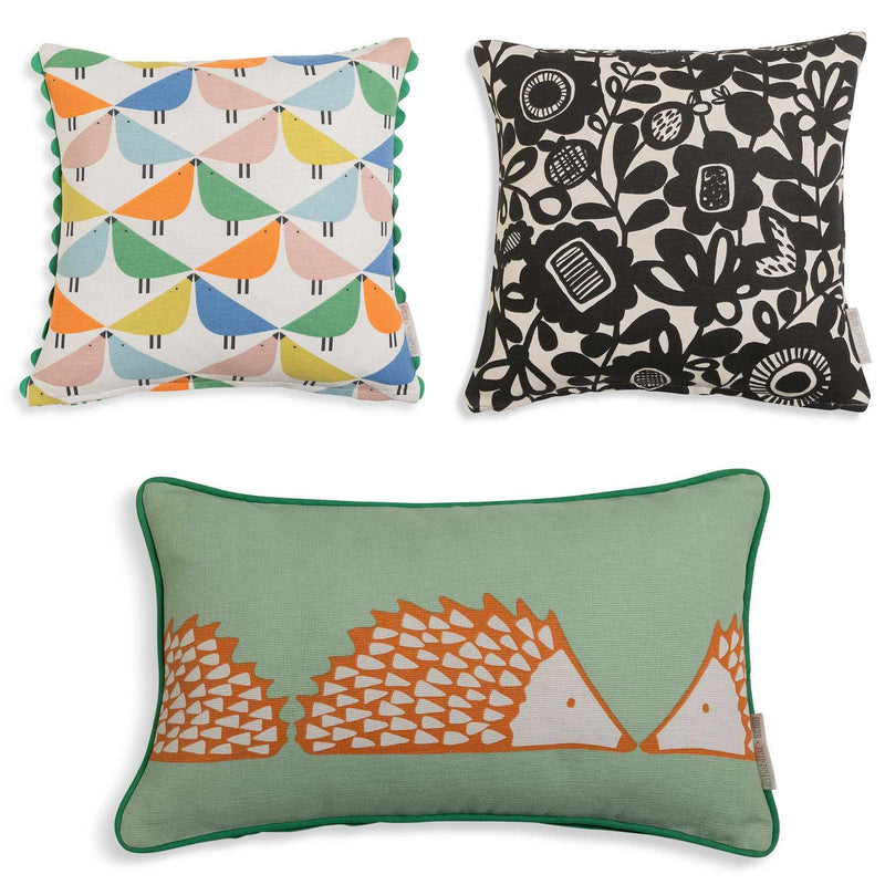 Hedgehog Printed Cushion with Cotton Cover and Green Piping, 50x30cm