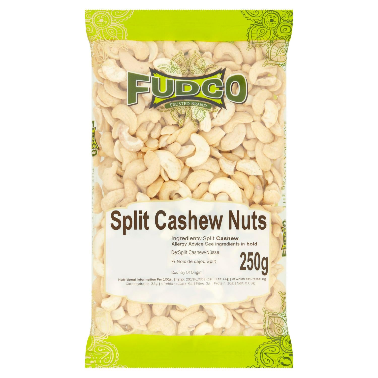 Fudco Split Cashew Nuts 250g pack - British product